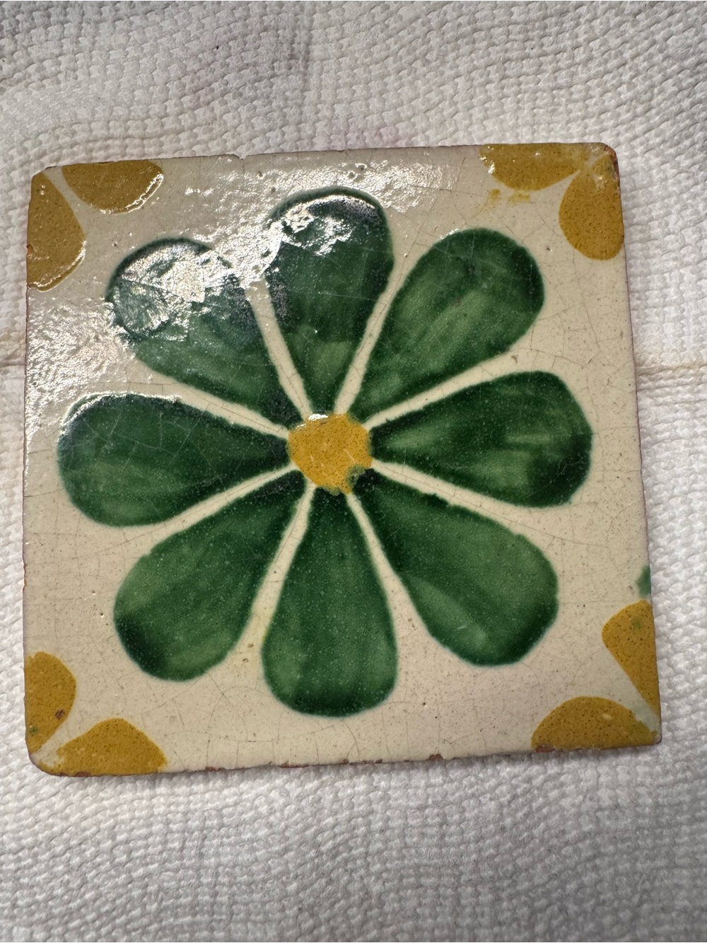 Antique Ceramic Tile 4x4", Green Eight-Petal Flower with Yellow Center